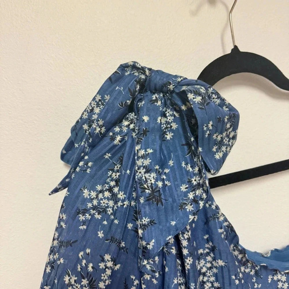 Ulla Johnson Enid Blue Floral One Shoulder Silk Blend Blouse  - Bow Asymmetrical - Picture 6 of 10